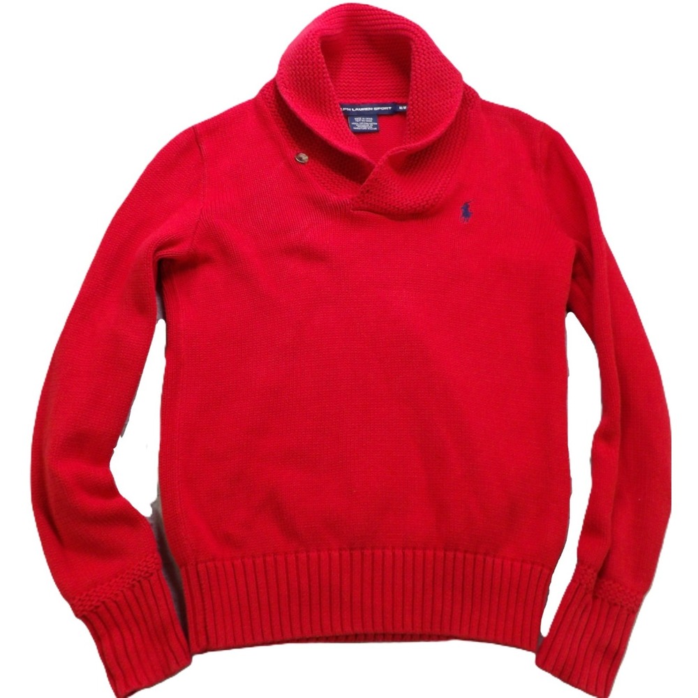 Ralph Lauren Sport Shawl Collar Sweater Pony Logo Pullover Cotton Women M Red LS